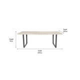 Marca sand wash acacia dining table with rectangular wood top and black metal U-shaped legs, shown with dimensions 220cm width, 100cm depth, 76cm height, on white background.