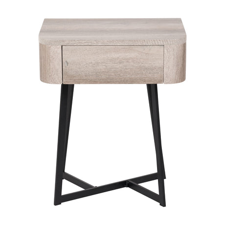 Ukiah Grey Oak Veneer & Black Metal 1 Drawer Unit, a rounded bedside chest with single drawer on angled black metal cross-frame legs, shown on a plain white background.