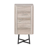 Ukiah Grey Oak Veneer 5 Drawer Tall Unit chest of drawers with rounded corners and black crossed metal legs, shown on a plain white background.