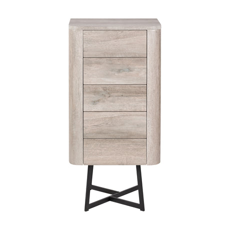 Ukiah Grey Oak Veneer 5 Drawer Tall Unit chest of drawers with rounded corners and black crossed metal legs, shown on a plain white background.