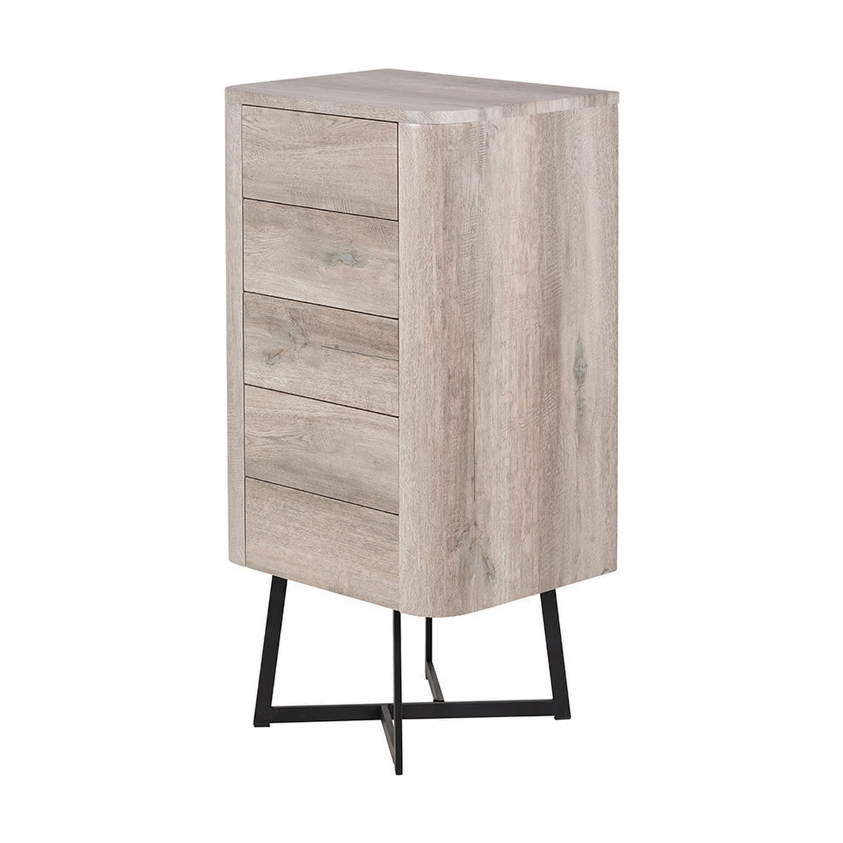 Ukiah tall chest of drawers in grey oak veneer with five drawers, rounded corners, and black metal cross-frame legs, shown against a plain white background.