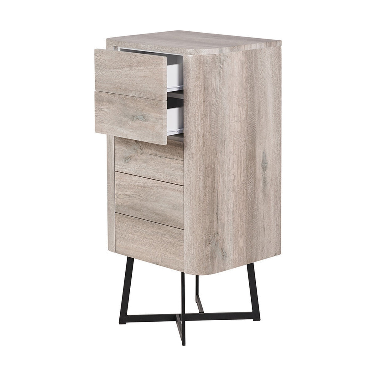 Ukiah grey oak veneer tall chest of drawers with two open top drawers revealing white interior, three closed drawers below, rounded corners, and black metal angled legs, on a plain white background.