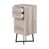 Ukiah grey oak veneer tall chest of drawers with two open top drawers revealing white interior, three closed drawers below, rounded corners, and black metal angled legs, on a plain white background.