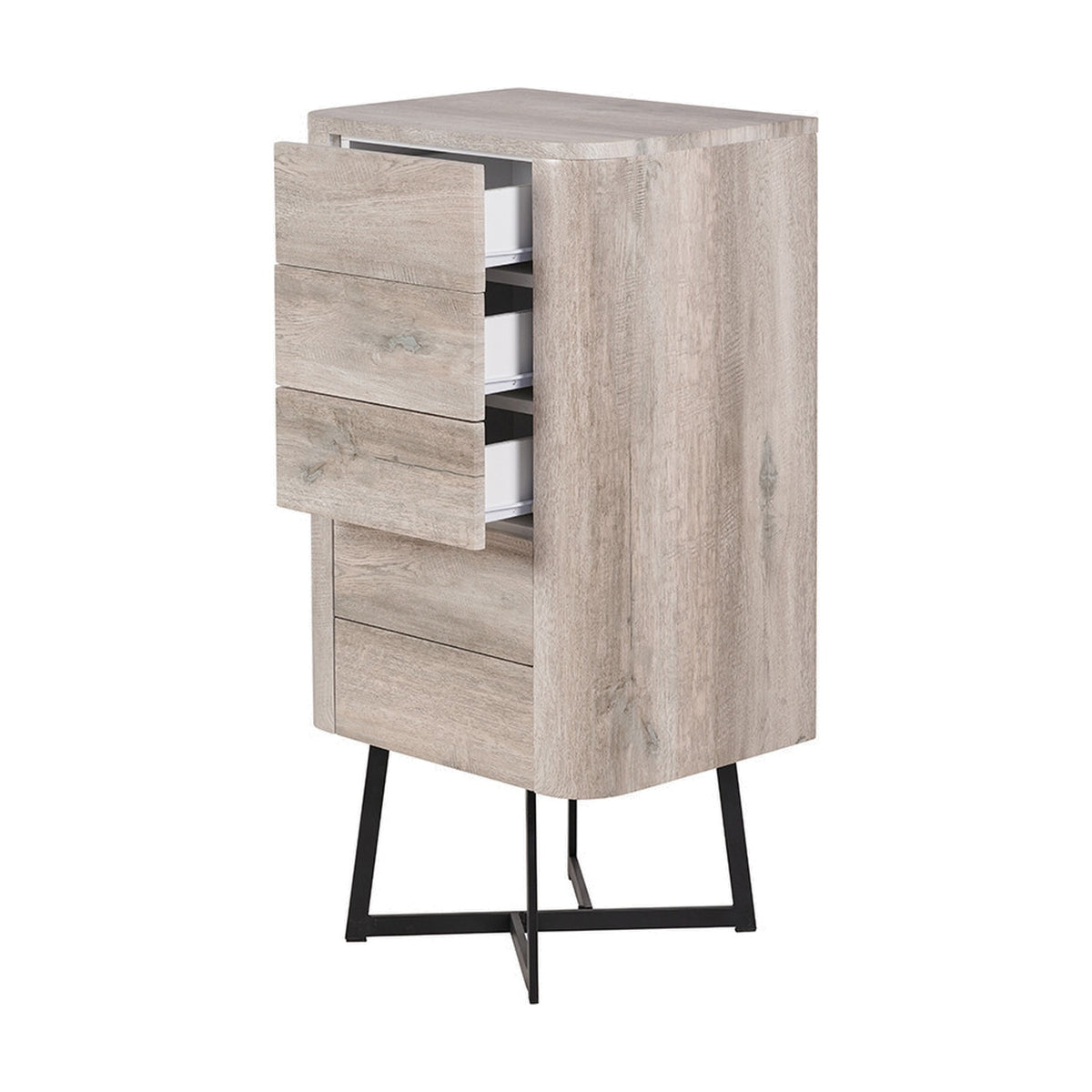 Ukiah grey oak veneer tall chest of drawers with three open top drawers showing white interiors, two closed lower drawers, and black metal cross-frame legs, on a plain white background.