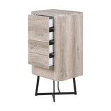Ukiah grey oak veneer tall chest of drawers with four open drawers showing white interiors, angled black metal cross-frame legs, on a plain white background.