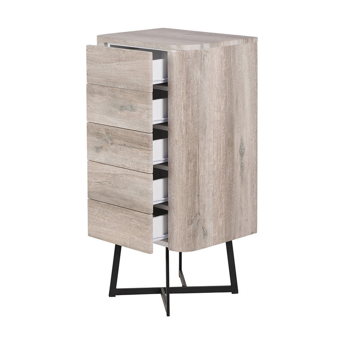 Ukiah tall chest of drawers in grey oak veneer with five open drawers showing white interiors, on a black metal cross-frame base, shown on a plain white background.