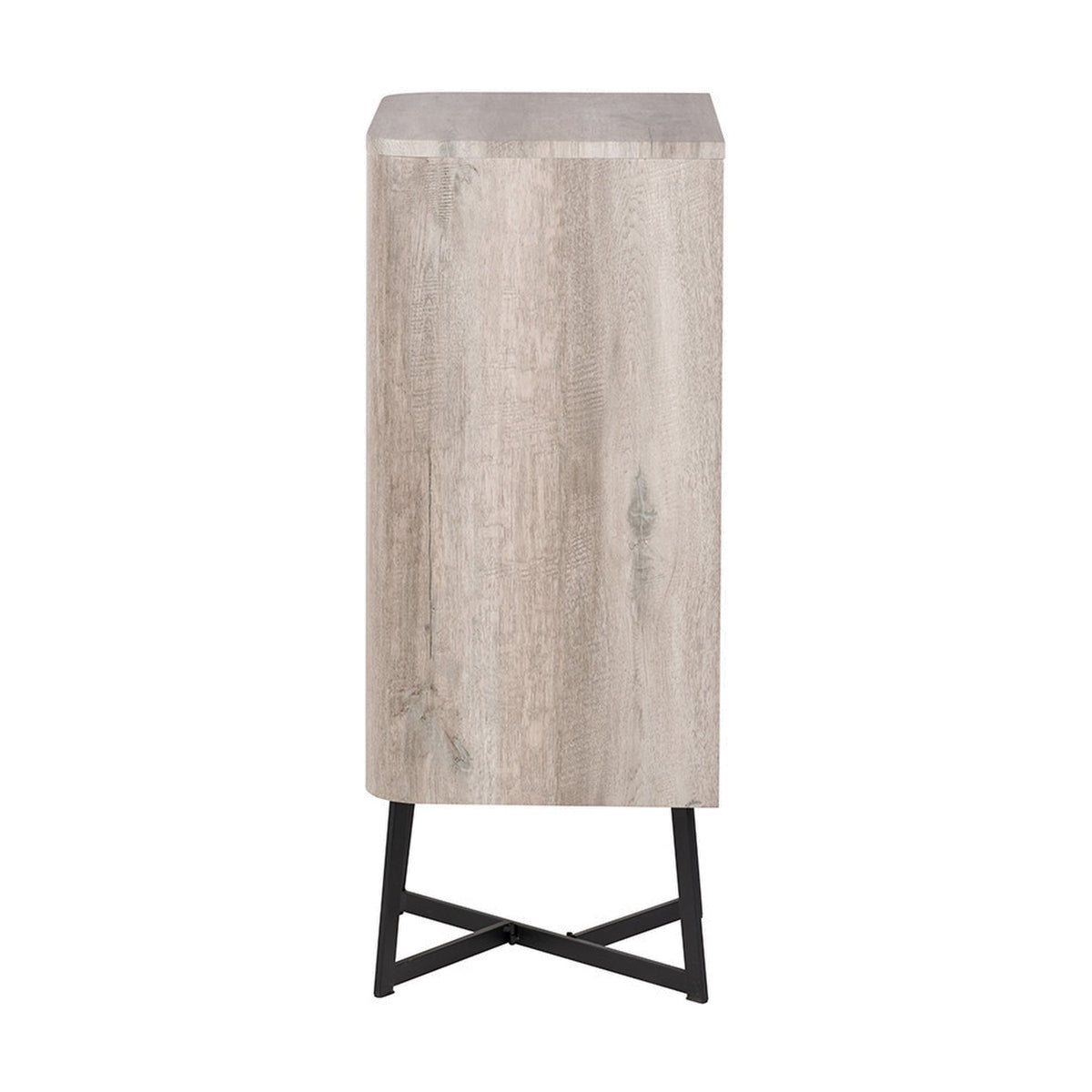 Ukiah grey oak veneer chest of drawers, tall rectangular unit with black cross-frame metal legs, side view on a plain white background.