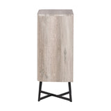 Ukiah grey oak veneer chest of drawers, tall rectangular unit with black cross-frame metal legs, side view on a plain white background.