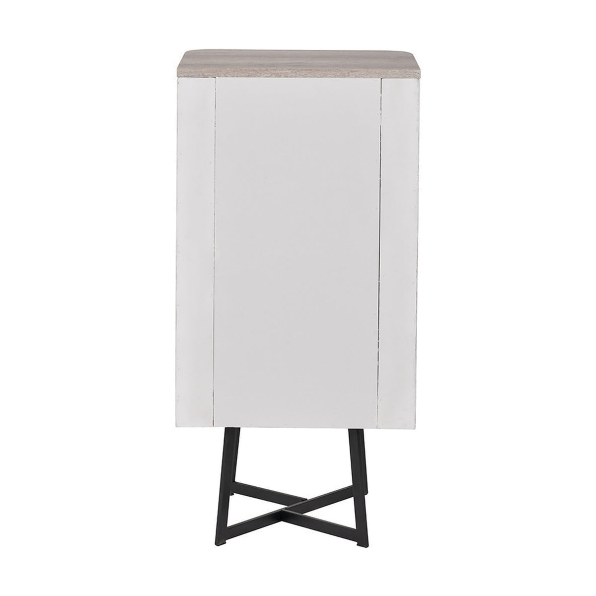 Rear view of the Ukiah tall chest of drawers showing a white side panel, grey oak veneer top, and black metal angled legs, on a plain white background.