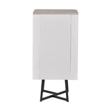Rear view of the Ukiah tall chest of drawers showing a white side panel, grey oak veneer top, and black metal angled legs, on a plain white background.