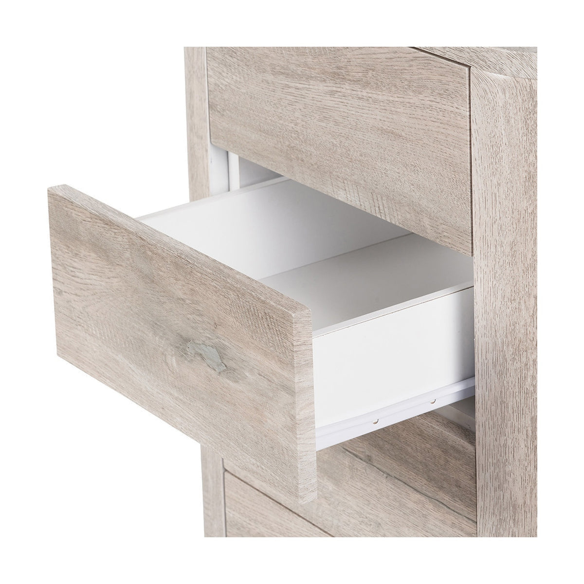 Close-up of the Ukiah grey oak veneer chest of drawers with one drawer open, showing white interior and wood-grain finish on a plain background.
