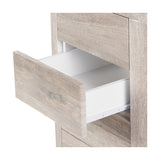 Close-up of the Ukiah grey oak veneer chest of drawers with one drawer open, showing white interior and wood-grain finish on a plain background.