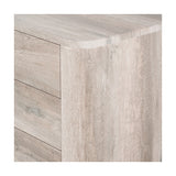 Close-up of the Ukiah Grey Oak Veneer chest of drawers, showing the wood-grain finish, rounded top corner, and drawer panel lines.