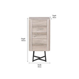Ukiah grey oak veneer 5 drawer tall chest with rounded corners and black crossed metal legs, shown with dimensions: height 100cm, width 50cm, depth 40cm.