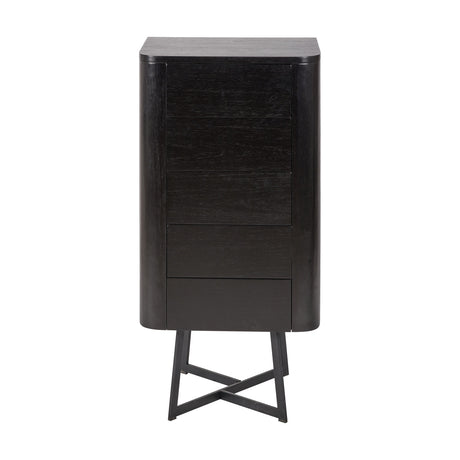Ukiah Black Ash Veneer & Metal 5 Drawer Tall Unit, 100cm chest of drawers with rounded corners on angled black metal cross-frame legs, shown on a plain white background.