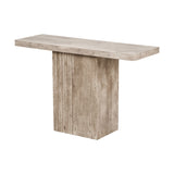 Elkton console table with rectangular concrete-effect top and grooved wood veneer pedestal base, shown at an angle on a plain white background.