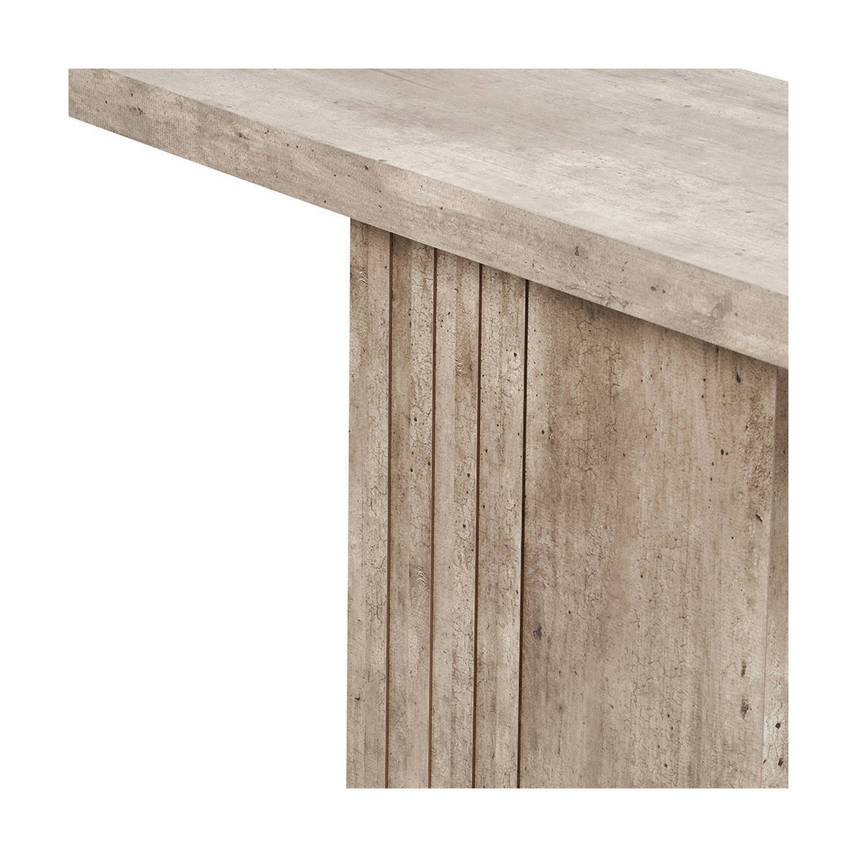 Close-up of the Elkton Console Table's corner, showing a concrete-effect wood veneer top with a fluted groove-detail leg panel, on a plain white background.