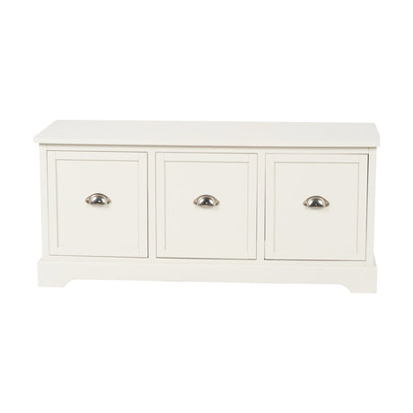 Croft Linen Pine 3 Drawer Unit, a low wooden chest with three drawers and cup-style silver handles, finished in white on a plain background.