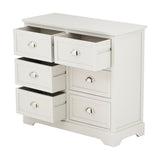 Croft Linen Pine 6 Drawer Unit in white-painted wood with five drawers open, showing cup-style chrome handles and bracket feet, on a plain white background.