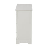 Side view of the Croft Linen Pine 6 Drawer Unit, a wooden chest of drawers with a panelled side, plinth base and pale painted finish, shown on a plain white background.