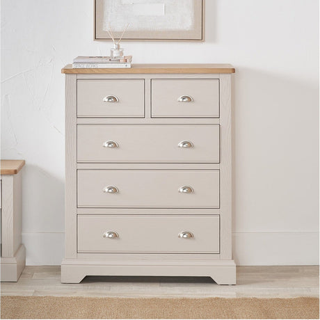 Fairford Parchment White Pine & Oak 5 Drawer Unit - 110cm