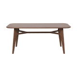 Elias Dark Ash Wood Retro Dining Table with rectangular top, angled tapered legs and an H-shaped stretcher, shown on a plain white background.