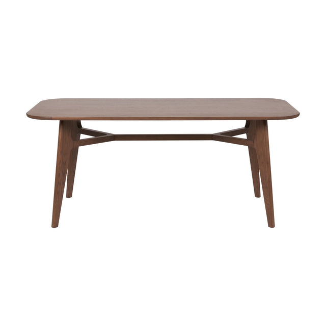 Elias Dark Ash Wood Retro Dining Table with rectangular top, angled tapered legs and an H-shaped stretcher, shown on a plain white background.