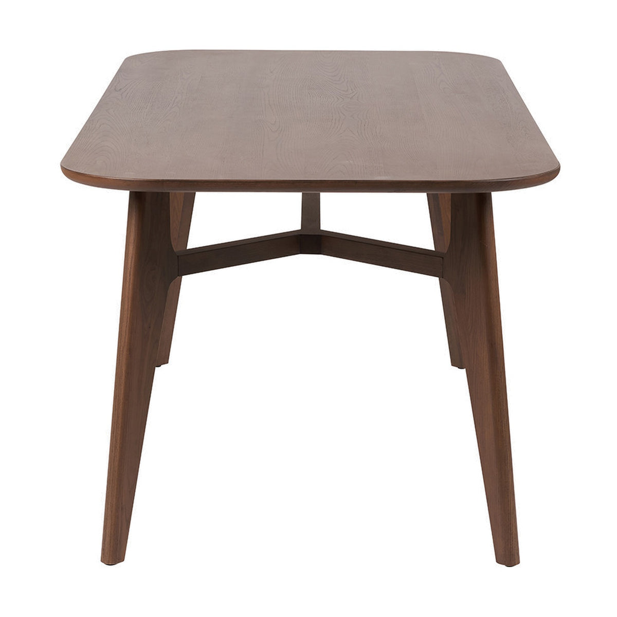 Elias Dark Ash Wood Retro Dining Table with rounded rectangular top and angled tapered legs joined by a central wooden stretcher, shown on a plain white background.