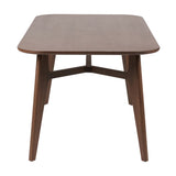 Elias Dark Ash Wood Retro Dining Table with rounded rectangular top and angled tapered legs joined by a central wooden stretcher, shown on a plain white background.