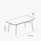 Line drawing of the Elias Dark Ash Wood Retro Dining Table with splayed wooden legs, showing dimensions: 180cm width, 90cm depth, 75cm height, on a white background.