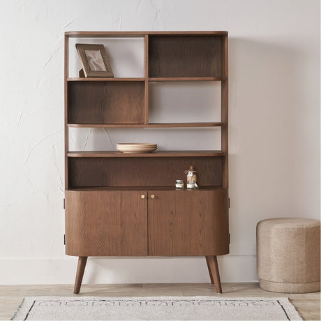 Elias Dark Ash Wood Retro 2 Door, 6 Niche Shelf Shelving Unit - 166cm