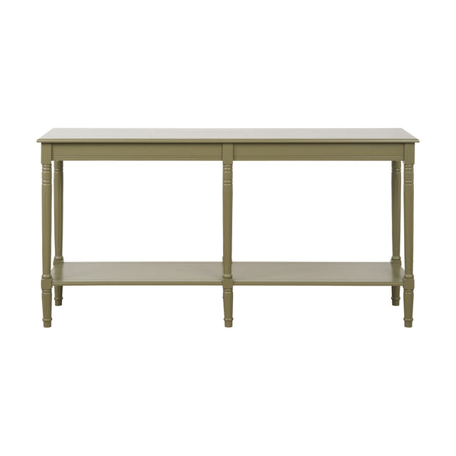 Heritage Olive Pine Large Console Table with rectangular top, lower shelf, and turned wooden legs in a green painted finish, shown on a plain white background.