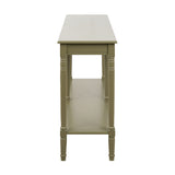 End view of the Heritage Olive Pine Large Console Table showing turned legs, apron detail, and lower shelf in a green painted wood finish against a white background.