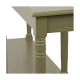 Close-up of the Heritage Olive Pine Large Console Table showing a turned wooden leg with ridged detailing, moulded tabletop edge, and lower shelf in a matte green finish.