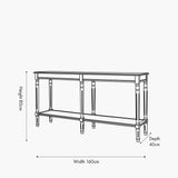 Line drawing of the Heritage Olive Pine Large Console Table with turned legs and lower shelf, labelled 160cm width, 40cm depth, 80cm height, on a white background.