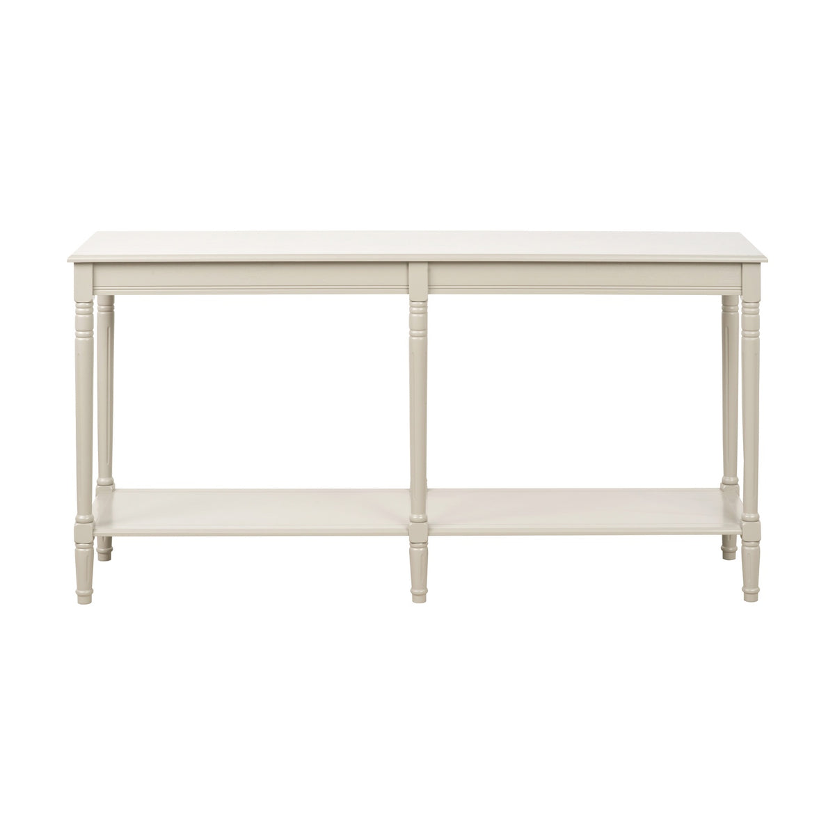 Heritage Putty Pine large console table with turned legs and lower shelf, cream painted wood finish, shown on a plain white background.