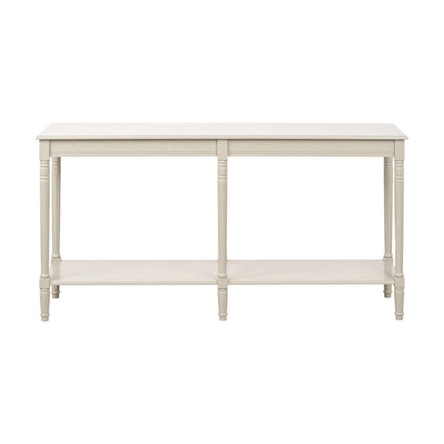 Heritage Putty Pine large console table with turned legs and lower shelf, cream painted wood finish, shown on a plain white background.