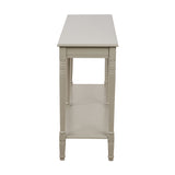Heritage Putty Pine Large Console Table in cream wood, side view showing turned legs, lower shelf, and slim tabletop overhang on a plain white background.