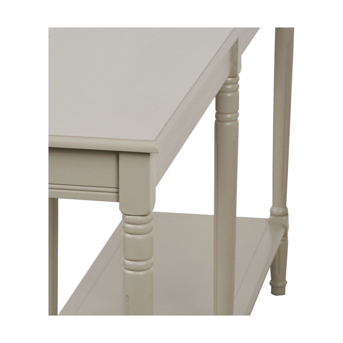 Close-up of the Heritage Putty Pine Large Console Table showing turned wood legs, a lower shelf, and a cream painted finish against a plain background.