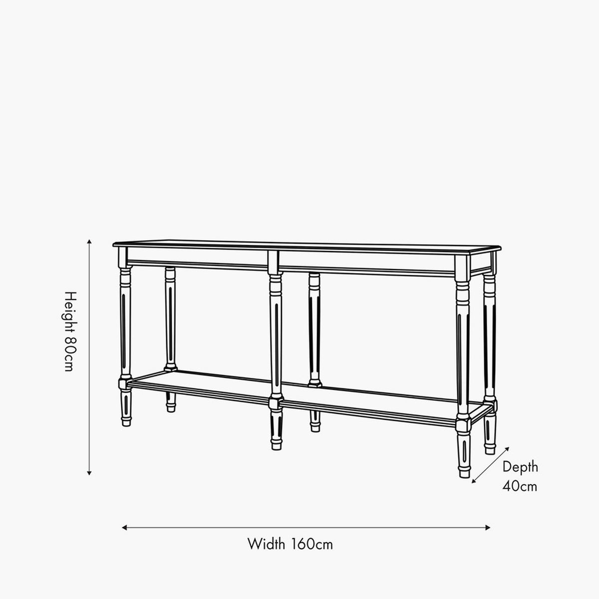 Line drawing of the Heritage Putty Pine Large Console Table with turned legs and lower shelf, labelled with dimensions 160cm width, 80cm height, 40cm depth.