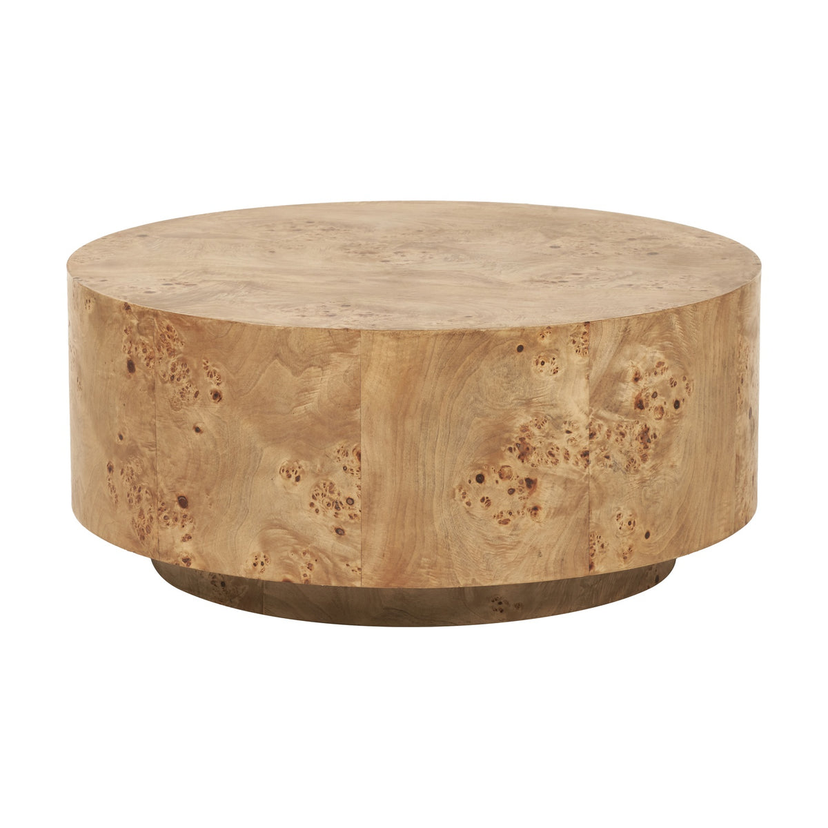 Newborough Burr Wood Effect Coffee Table, 41cm, round drum-shaped design with a burr wood grain finish and matching plinth base, shown on a plain white background.
