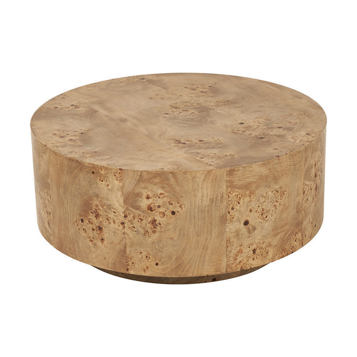 Round Newborough coffee table in burr wood effect finish, cylindrical drum base, 41cm tall, on a plain white background.