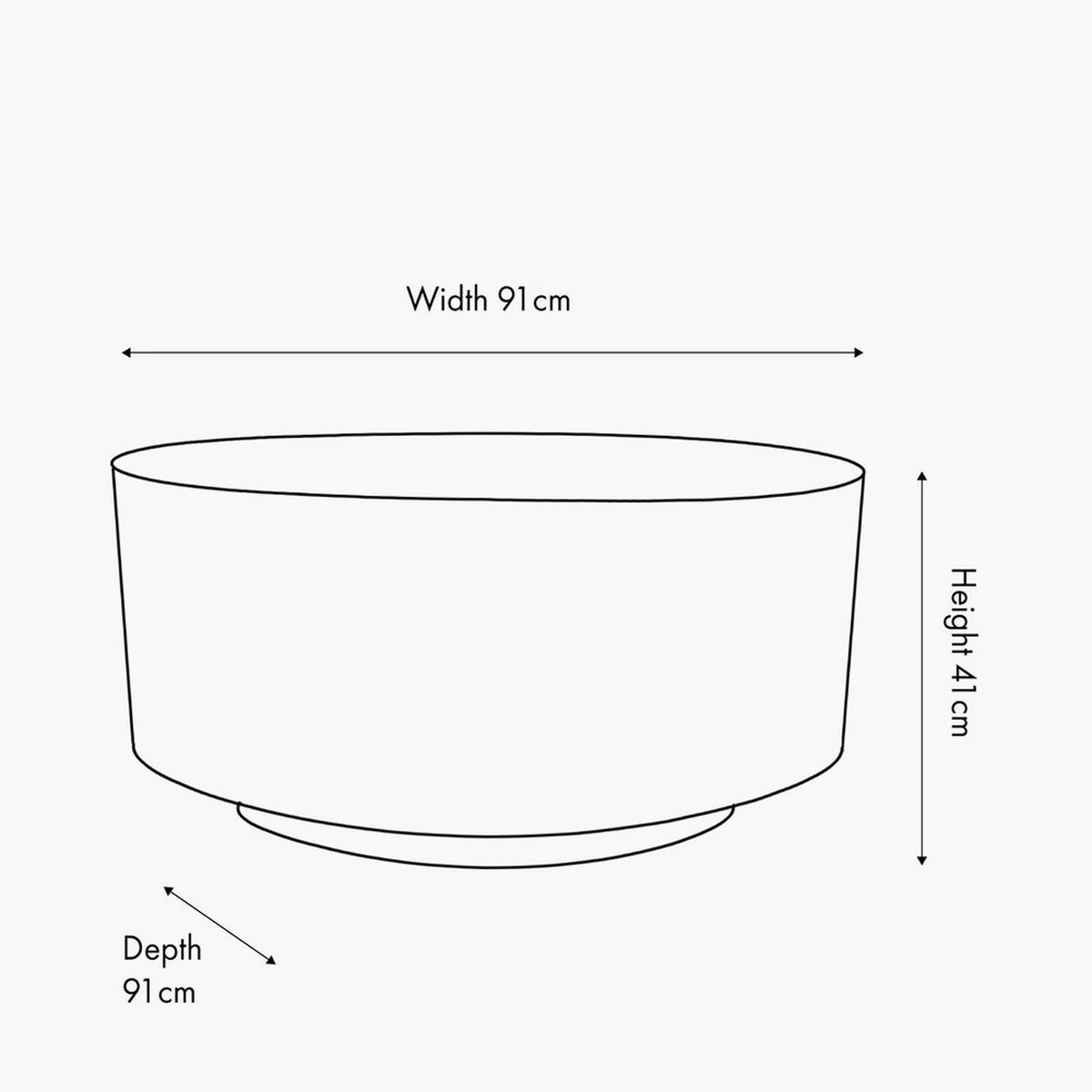 Line drawing of the Newborough Burr Wood Effect Coffee Table showing a round drum-shaped design with dimensions labelled: 91cm width, 91cm depth, and 41cm height.