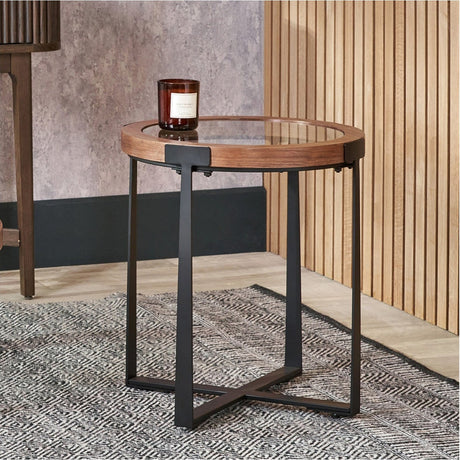 Vermont Clear Glass & Light Walnut Wood Veneer Side Table - 56cm