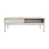 Gio White Sand Acacia 2 Drawer Coffee Table, 41cm tall, with a whitewashed wood finish, tapered legs, one drawer and an open shelf, shown on a plain white background.
