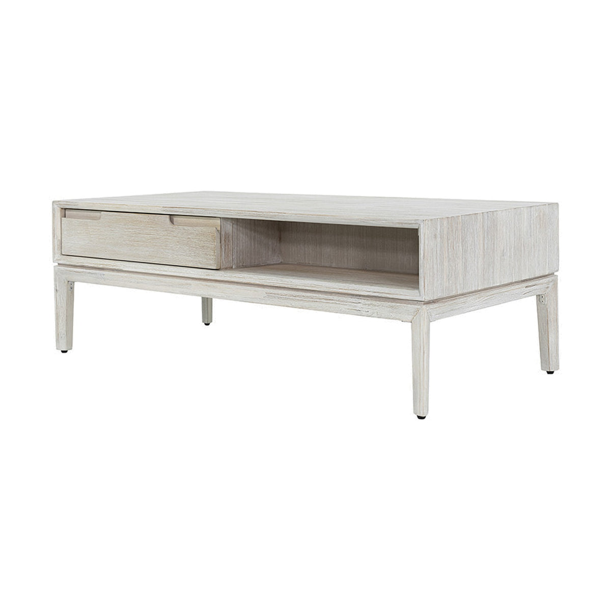 Gio White Sand Acacia 2 Drawer Coffee Table with rectangular white wood top, tapered legs, one drawer and an open shelf, shown on a plain white background.