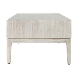 End view of the Gio White Sand Acacia 2 Drawer Coffee Table, showing a wood-textured white finish, thick rectangular top, and tapered square legs on a plain background.
