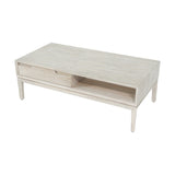 Gio White Sand Acacia 2 Drawer Coffee Table with rectangular wood top, tapered legs, and an open shelf beneath one drawer, shown on a plain white background.