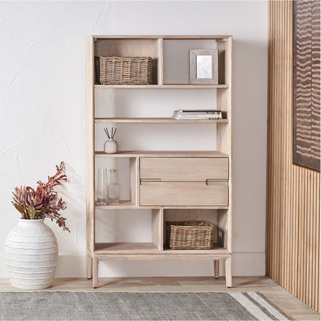 Gio White Sand Acacia 2 Drawer, 7 Niche Shelf Shelving Unit - 180cm