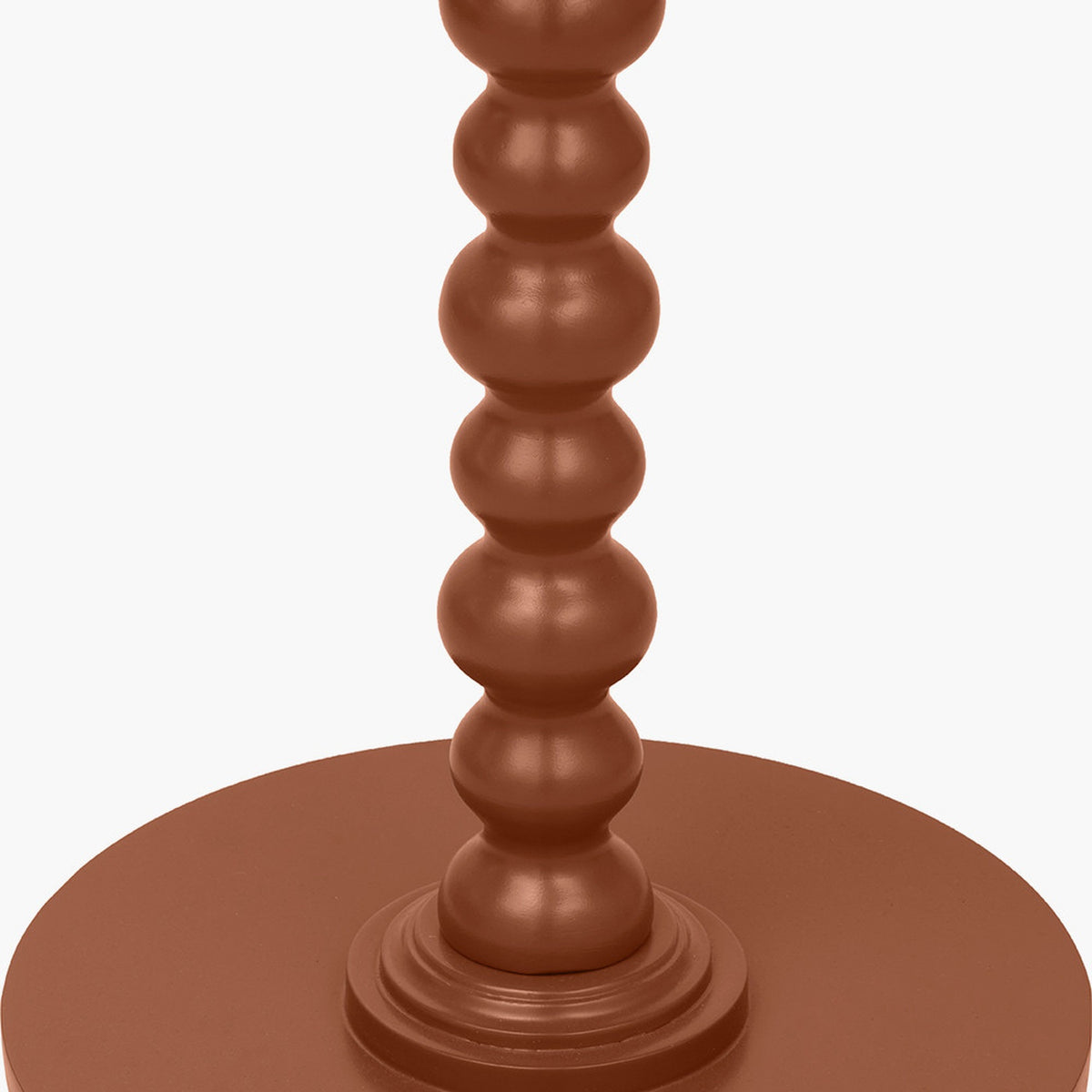 Close-up of the Margot Terracotta Wood Bobble Side Table's turned wooden pedestal with stacked bobble detailing, in a matte terracotta finish against a plain white background.